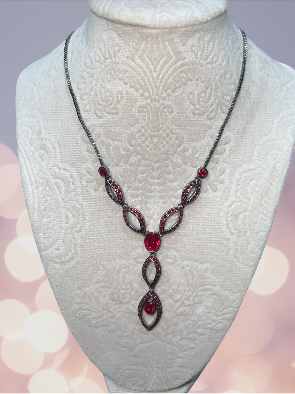 Vintage Givenchy Red Crystal Lavalier Drop Necklace - Gunmetal/Black Chain